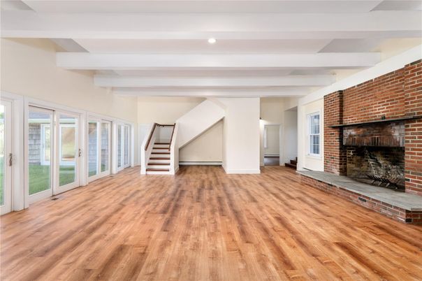 Empty room, Fireplace, Interior, Stone Walls, Wood Texture Flooring