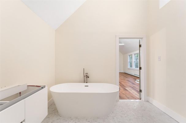 Bathroom, Free Standing Baths, Interior, Marble, Wood Texture Flooring
