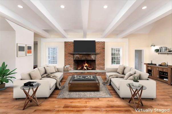 Fireplace, Interior, Living room, Recessed Lighting, Stone Walls, Wood Texture Flooring