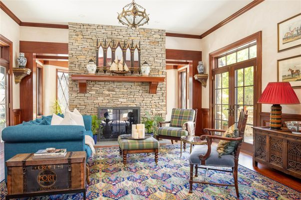 Fireplace, Interior, Living room, Stone Walls, Wood Texture Flooring