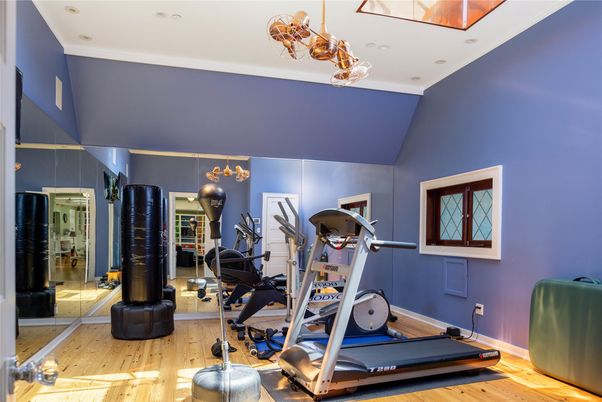 Fitness Equipment, Gym, Interior, Recessed Lighting, Wood Texture Flooring