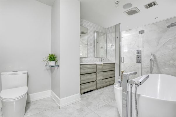 Bathroom, Free Standing Baths, Glass Shower, Interior, Marble, Marble Walls