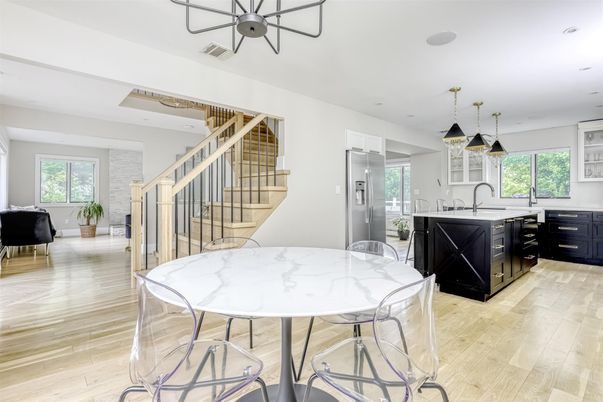Dining room, Interior, Kitchen, Pendant Lights, Recessed Lighting, Wood Texture Flooring