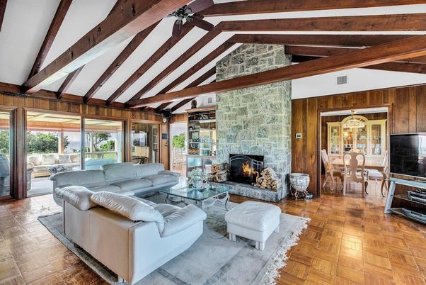 Dining room, Fireplace, Interior, Living room, Wooden Beams, Wood Texture Flooring, Wooden Walls