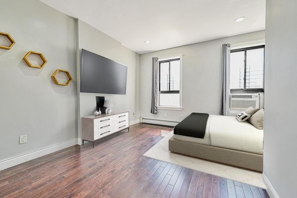 Bedroom, Interior, Recessed Lighting, Wood Texture Flooring