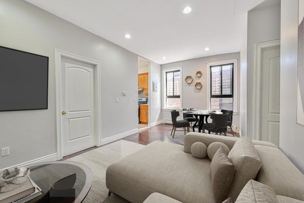Dining room, Interior, Living room, Recessed Lighting, Wood Texture Flooring
