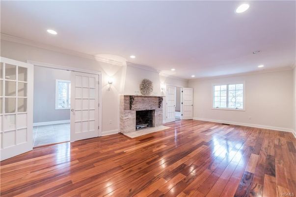Empty room, Fireplace, Interior, Recessed Lighting, Wood Texture Flooring