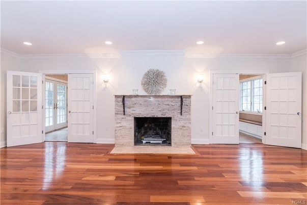 Empty room, Fireplace, Interior, Recessed Lighting, Wood Texture Flooring