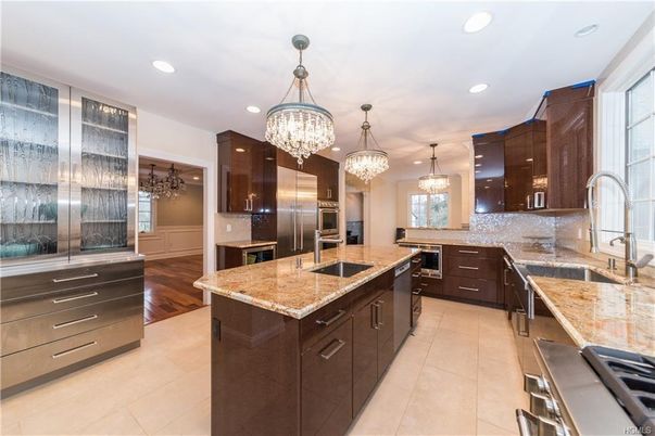 Chandelier, Interior, Kitchen, Pendant Lights, Recessed Lighting, Stainless Steel Appliances, Wood Texture Flooring