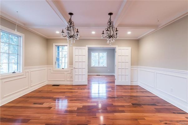 Empty room, Interior, Pendant Lights, Recessed Lighting, Wood Texture Flooring