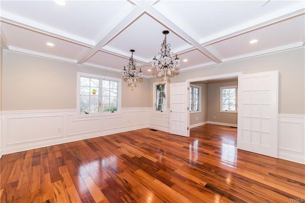 Chandelier, Empty room, Interior, Recessed Lighting, Wood Texture Flooring