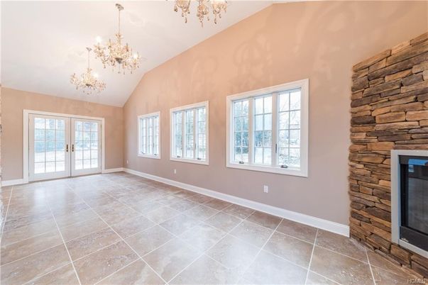 Chandelier, Empty room, Fireplace, Interior, Wooden Walls