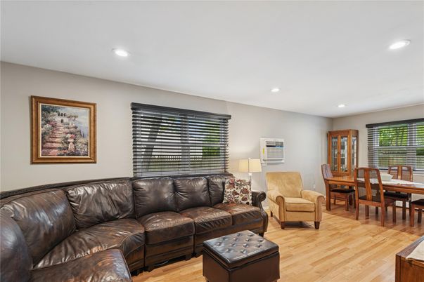 Dining room, Interior, Living room, Recessed Lighting, Wood Texture Flooring