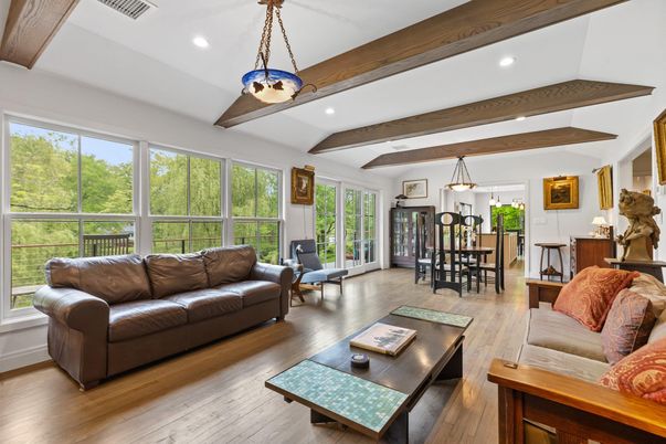 Dining room, Fireplace, Interior, Living room, Pendant Lights, Recessed Lighting, Wooden Beams, Wood Texture Flooring