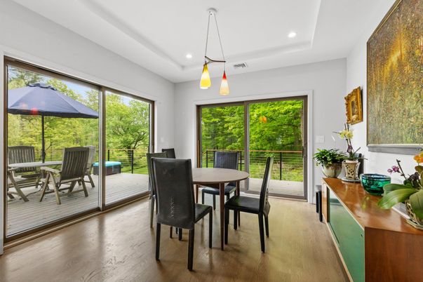 Dining room, Interior, Pendant Lights, Recessed Lighting, Wood Texture Flooring