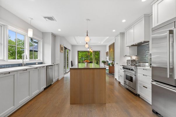 Interior, Kitchen, Pendant Lights, Recessed Lighting, Stainless Steel Appliances, Wood Texture Flooring