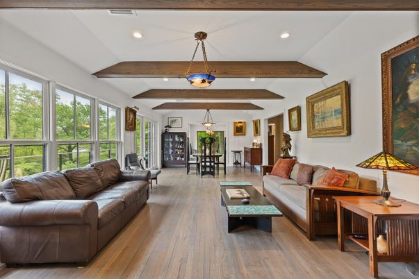 Dining room, Interior, Living room, Pendant Lights, Recessed Lighting, Wooden Beams, Wood Texture Flooring