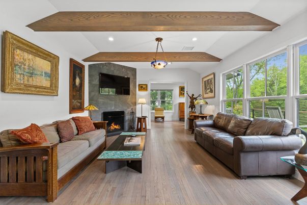 Fireplace, Interior, Living room, Pendant Lights, Recessed Lighting, Wooden Beams, Wood Texture Flooring