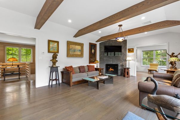 Dining room, Fireplace, Interior, Living room, Pendant Lights, Recessed Lighting, Wooden Beams, Wood Texture Flooring