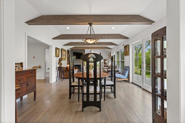 Dining room, Interior, Pendant Lights, Recessed Lighting, Wooden Beams, Wood Texture Flooring