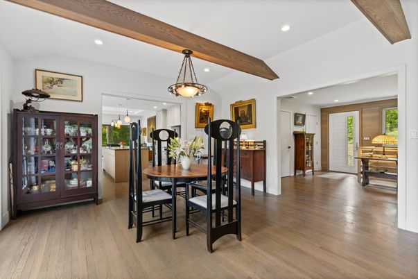 Dining room, Interior, Pendant Lights, Recessed Lighting, Wooden Beams, Wood Texture Flooring