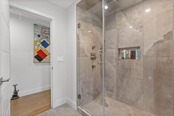 Bathroom, Glass Shower, Interior, Recessed Lighting, Wood Texture Flooring