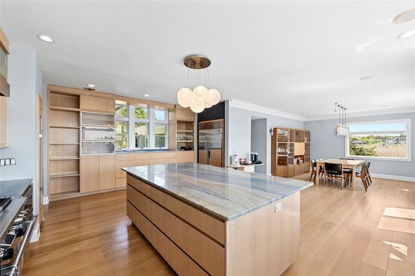 Dining room, Interior, Kitchen, Pendant Lights, Recessed Lighting, Stainless Steel Appliances, Wood Texture Flooring