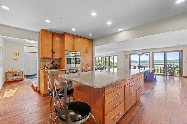 Dining room, Interior, Kitchen, Recessed Lighting, Water, Wood Texture Flooring