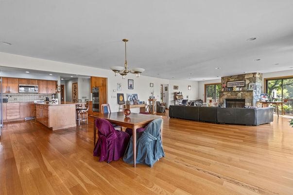 Dining room, Fireplace, Interior, Kitchen, Living room, Pendant Lights, Recessed Lighting, Wood Texture Flooring