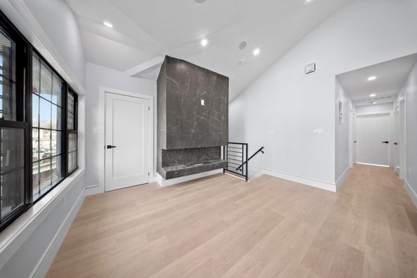 Fireplace, Interior, Recessed Lighting, Wood Texture Flooring