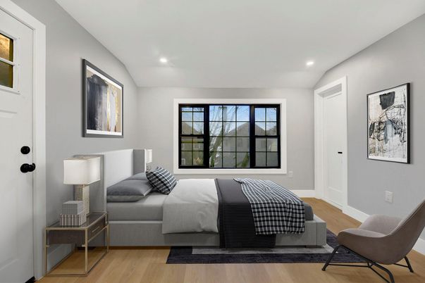 Bedroom, Interior, Recessed Lighting, Wood Texture Flooring