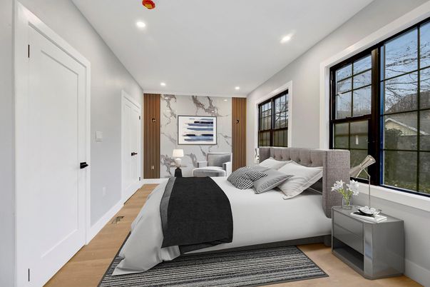 Bedroom, Interior, Marble Walls, Recessed Lighting, Wood Texture Flooring