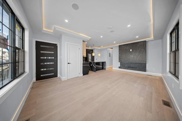 Empty room, Interior, Kitchen, Pendant Lights, Recessed Lighting, Wood Texture Flooring