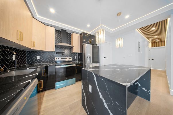 Chandelier, Interior, Kitchen, Recessed Lighting, Stainless Steel Appliances, Wood Texture Flooring