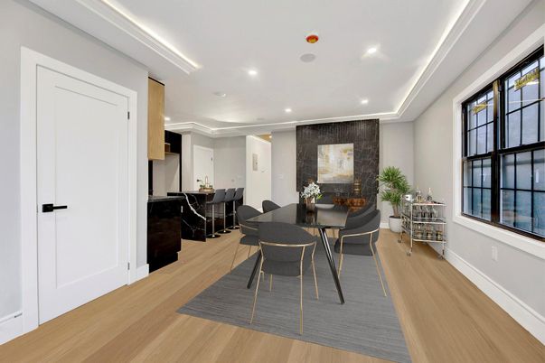 Dining room, Interior, Recessed Lighting, Wood Texture Flooring