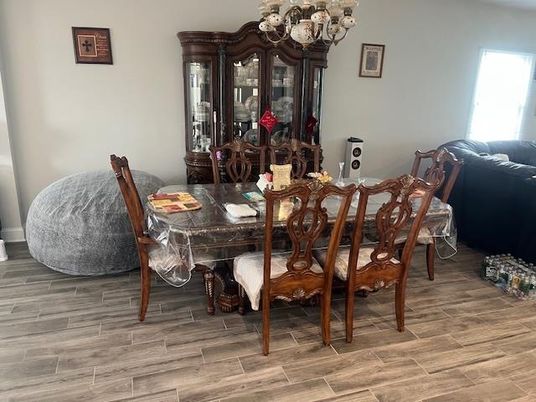 Chandelier, Dining room, Interior, Wood Texture Flooring