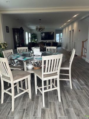Chandelier, Dining room, Interior, Living room, Recessed Lighting, Wood Texture Flooring