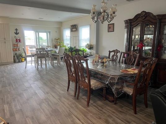 Chandelier, Dining room, Interior, Wood Texture Flooring