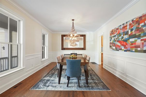 Dining room, Interior, Pendant Lights, Wood Texture Flooring