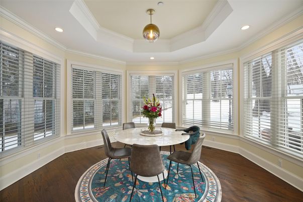 Dining room, Interior, Recessed Lighting, Wood Texture Flooring