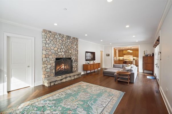 Fireplace, Interior, Kitchen, Pendant Lights, Recessed Lighting, Stone Walls, Wood Texture Flooring