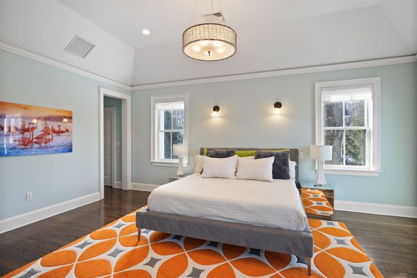 Bedroom, Interior, Pendant Lights, Recessed Lighting, Wood Texture Flooring