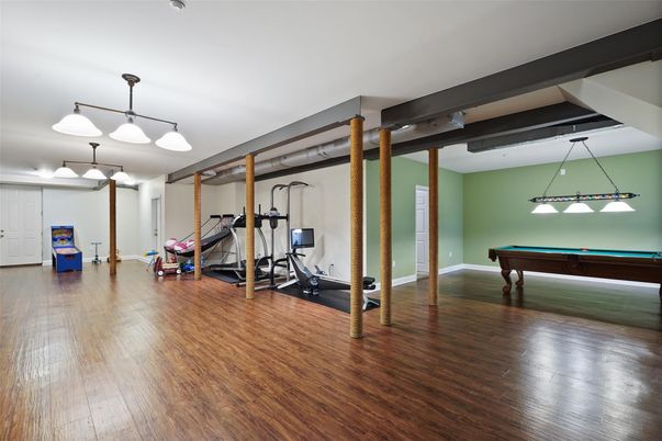 Billiard Table, Fitness Equipment, Game Room, Interior, Pendant Lights, Wood Texture Flooring