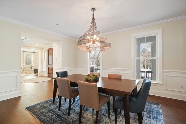 Chandelier, Dining room, Interior, Living room, Recessed Lighting, Wood Texture Flooring