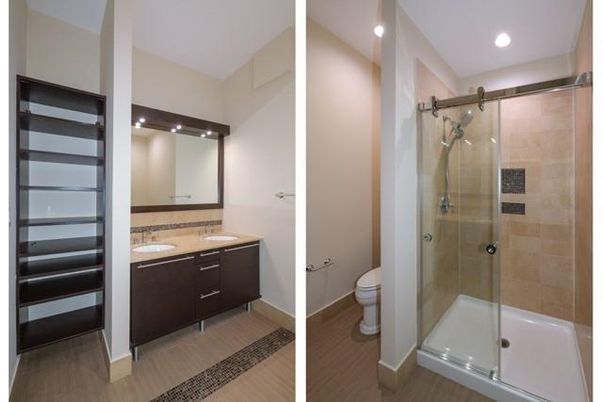 Bathroom, Glass Shower, Interior, Recessed Lighting, Wood Texture Flooring