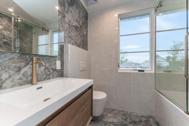 Bathroom, Glass Shower, Interior, Marble Walls, Recessed Lighting