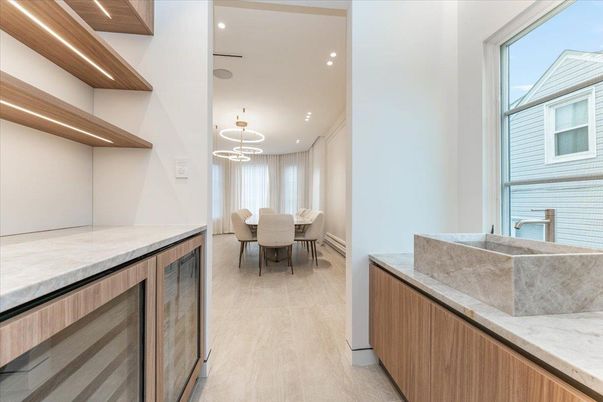 Dining room, Interior, Pendant Lights, Recessed Lighting, Wood Texture Flooring