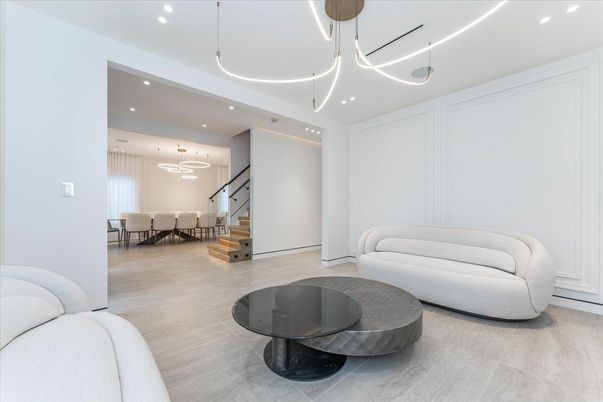 Dining room, Interior, Pendant Lights, Recessed Lighting, Wood Texture Flooring