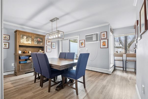 Dining room, Interior, Pendant Lights, Wood Texture Flooring