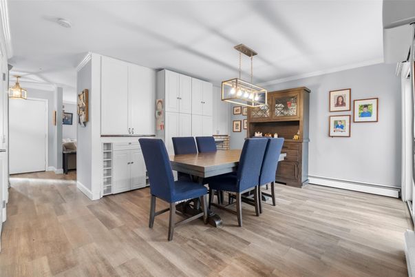 Dining room, Fireplace, Interior, Pendant Lights, Wood Texture Flooring
